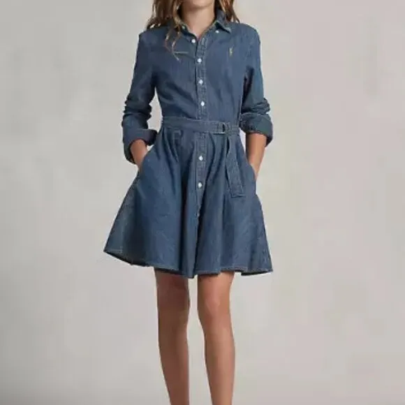 Polo Ralph Lauren Girls' Long Sleeve Button Denim Shirt Dress - No Belt