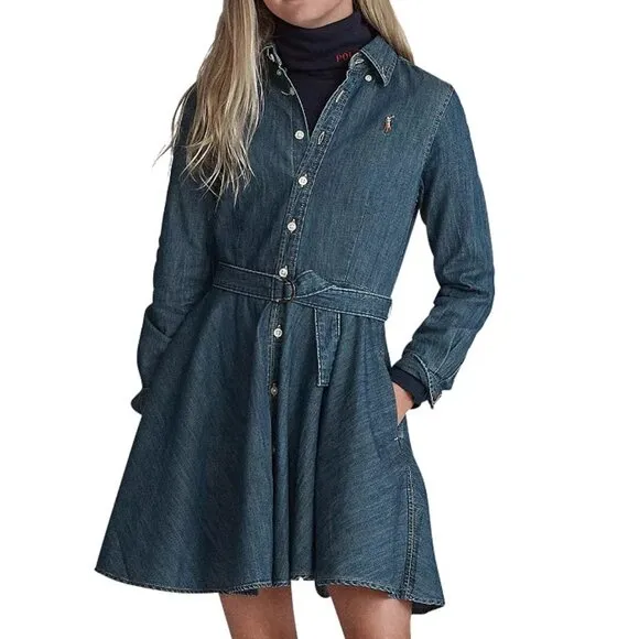 Polo Ralph Lauren Girls' Long Sleeve Button Denim Shirt Dress - No Belt
