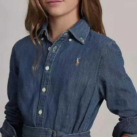 Polo Ralph Lauren Girls' Long Sleeve Button Denim Shirt Dress - No Belt