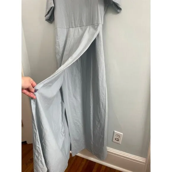 Pomander Place Women’s XL Blue Maxi Dress, Faux Wrap, Crew Neck, Short Sleeve