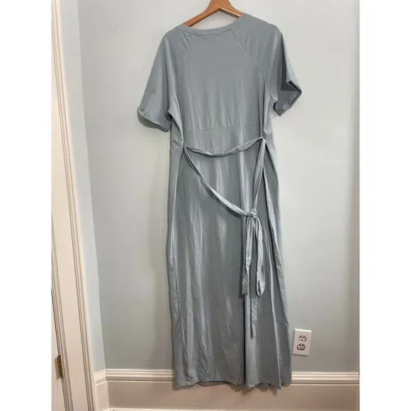 Pomander Place Women’s XL Blue Maxi Dress, Faux Wrap, Crew Neck, Short Sleeve