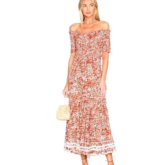 Poupette St. Barth Soledad Smocked Abstract Tie Dye Print Midi Dress
