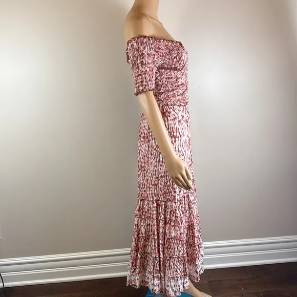 Poupette St. Barth Soledad Smocked Abstract Tie Dye Print Midi Dress