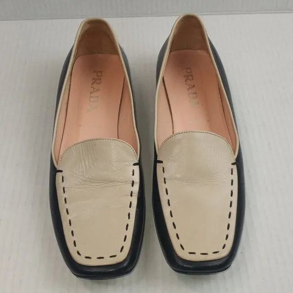 PRADA Black Beige Square ToeTwo-Tone Loafers