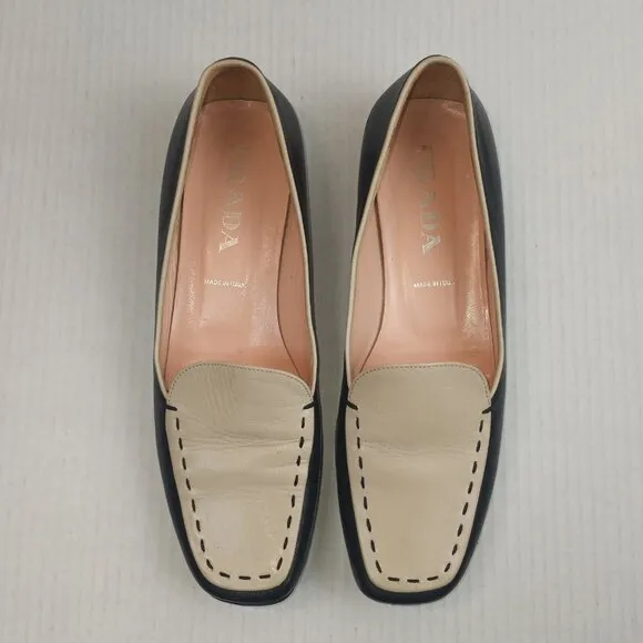 PRADA Black Beige Square ToeTwo-Tone Loafers