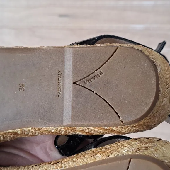 PRADA Black Patent Leather Espadrille Designer Platform Classy Strap Sandals
