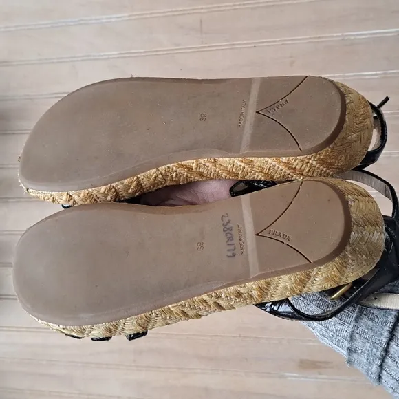 PRADA Black Patent Leather Espadrille Designer Platform Classy Strap Sandals