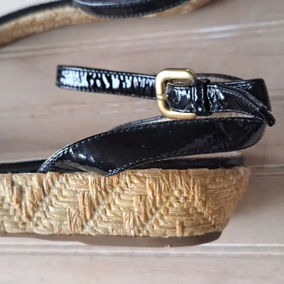 PRADA Black Patent Leather Espadrille Designer Platform Classy Strap Sandals