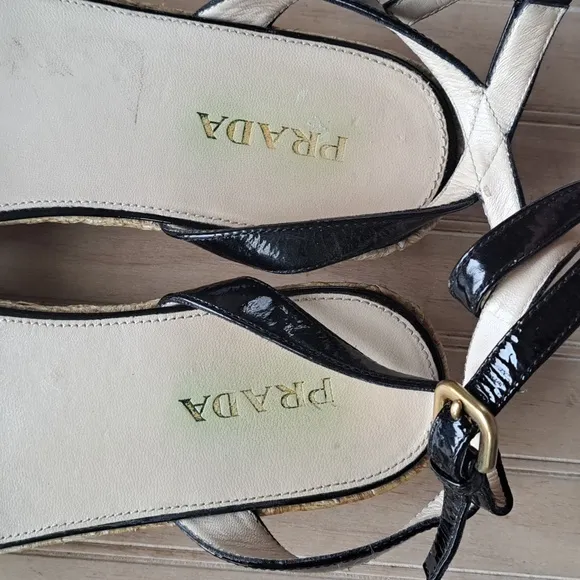 PRADA Black Patent Leather Espadrille Designer Platform Classy Strap Sandals