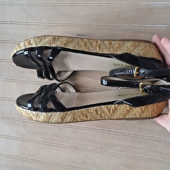 PRADA Black Patent Leather Espadrille Designer Platform Classy Strap Sandals