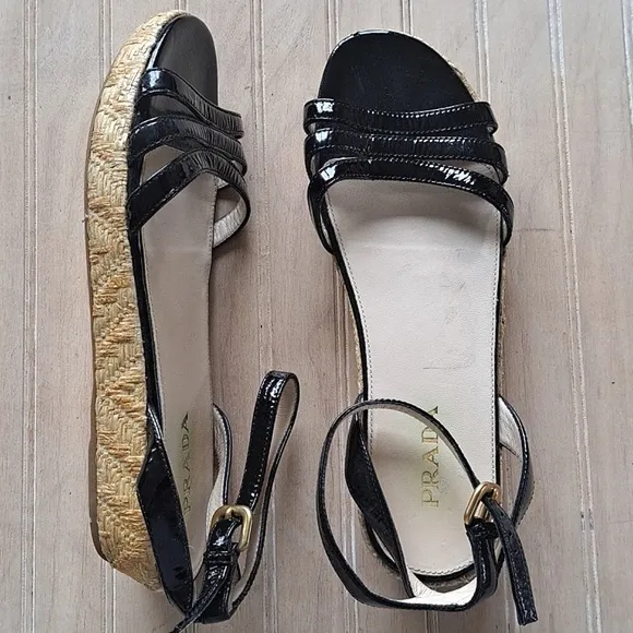 PRADA Black Patent Leather Espadrille Designer Platform Classy Strap Sandals