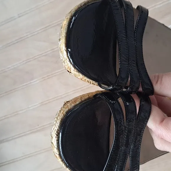 PRADA Black Patent Leather Espadrille Designer Platform Classy Strap Sandals