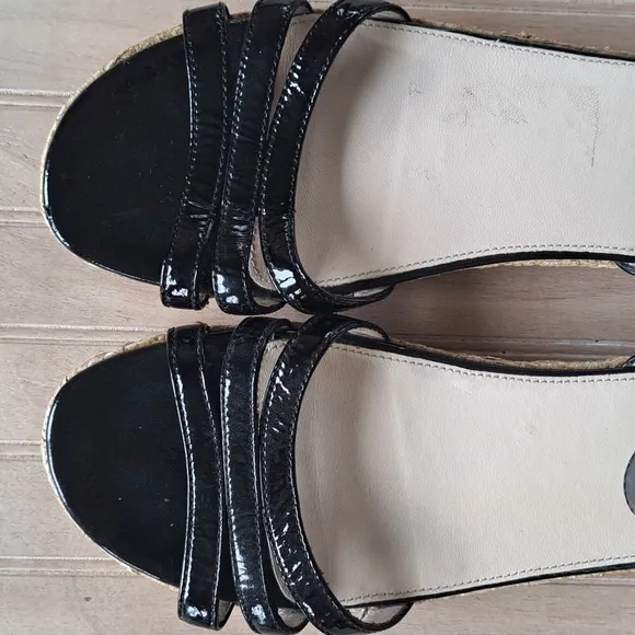 PRADA Black Patent Leather Espadrille Designer Platform Classy Strap Sandals