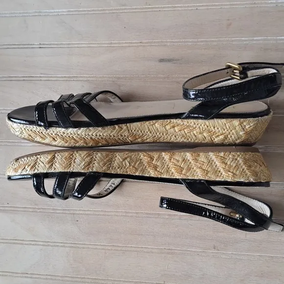 PRADA Black Patent Leather Espadrille Designer Platform Classy Strap Sandals