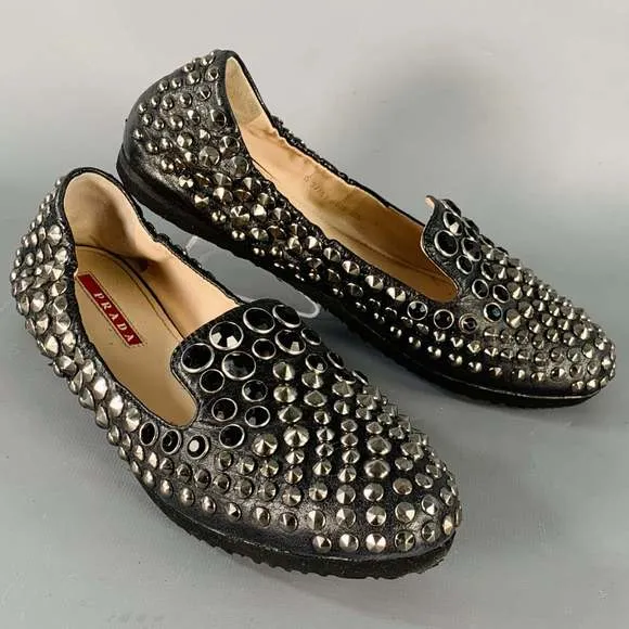 PRADA Black Silver Leather Studded Flats