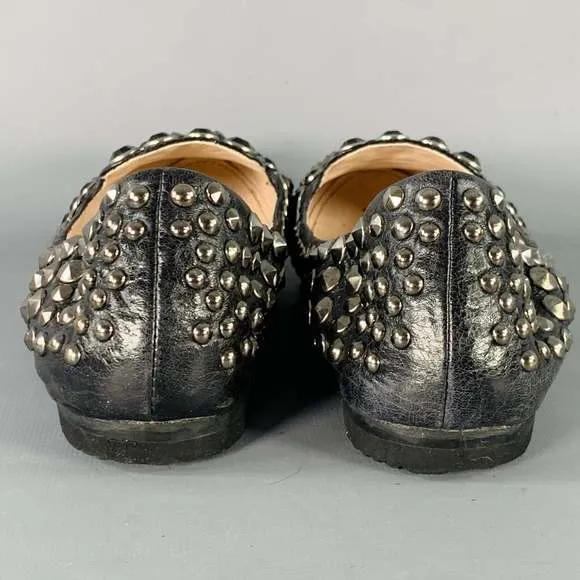 PRADA Black Silver Leather Studded Flats
