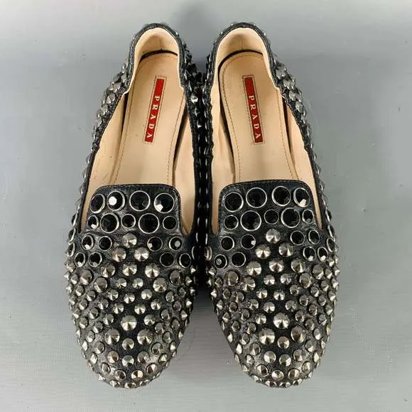 PRADA Black Silver Leather Studded Flats
