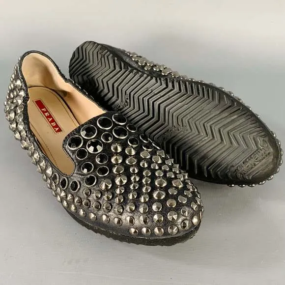 PRADA Black Silver Leather Studded Flats