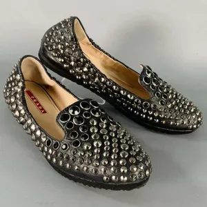 PRADA Black Silver Leather Studded Flats