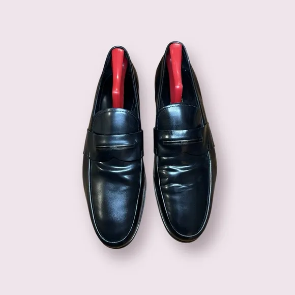 Prada Men's Black Leather Loafers with Silver Tone Buckle Detail Men’s 11