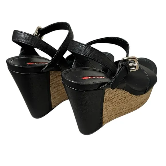 PRADA - SIZE 36EU / 6 US - BLACK LEATHER PLATFORM WEDGE ANKLE SANDALS