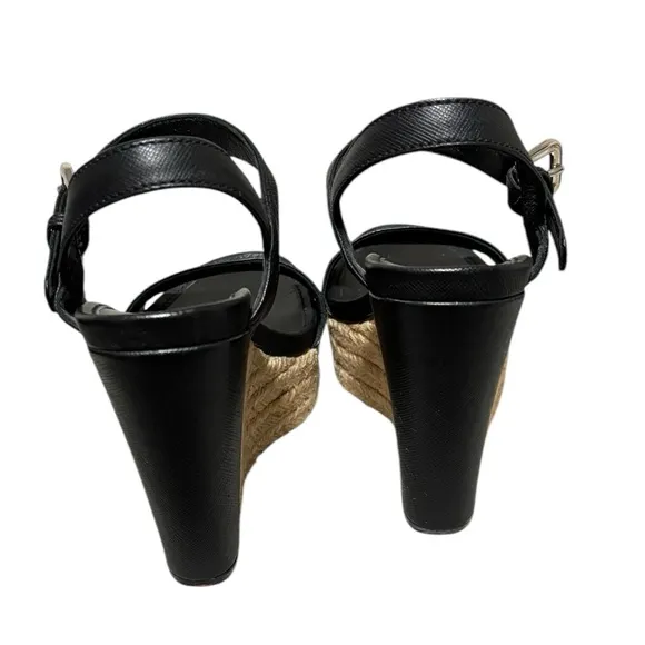 PRADA - SIZE 36EU / 6 US - BLACK LEATHER PLATFORM WEDGE ANKLE SANDALS