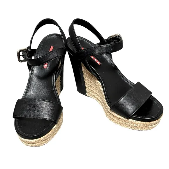 PRADA - SIZE 36EU / 6 US - BLACK LEATHER PLATFORM WEDGE ANKLE SANDALS