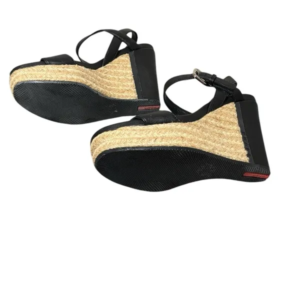 PRADA - SIZE 36EU / 6 US - BLACK LEATHER PLATFORM WEDGE ANKLE SANDALS