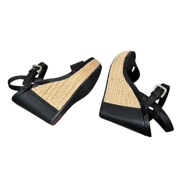 PRADA - SIZE 36EU / 6 US - BLACK LEATHER PLATFORM WEDGE ANKLE SANDALS