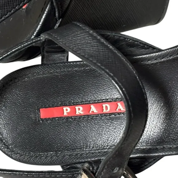 PRADA - SIZE 36EU / 6 US - BLACK LEATHER PLATFORM WEDGE ANKLE SANDALS