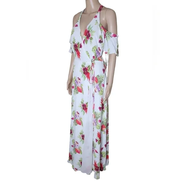 Privacy Please Revolve Acme white floral tropical print Sz Small wrap Maxi Dress