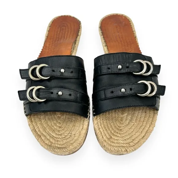 Rag &amp; Bone Black “Jules” Leather Buckle Detail Flat Slide Espadrille Sandals sz8