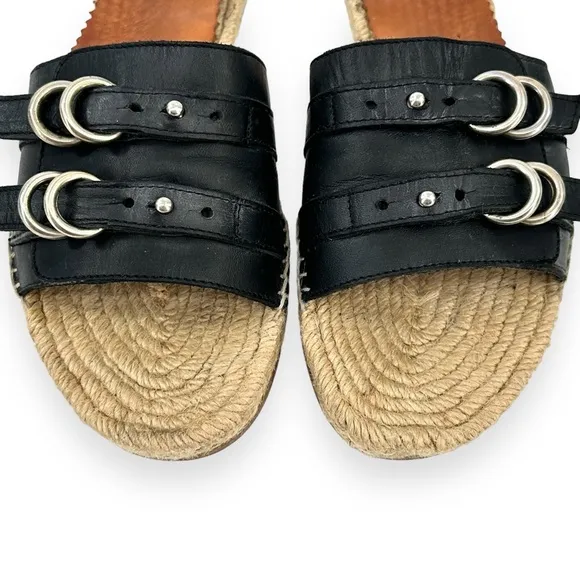 Rag &amp; Bone Black “Jules” Leather Buckle Detail Flat Slide Espadrille Sandals sz8