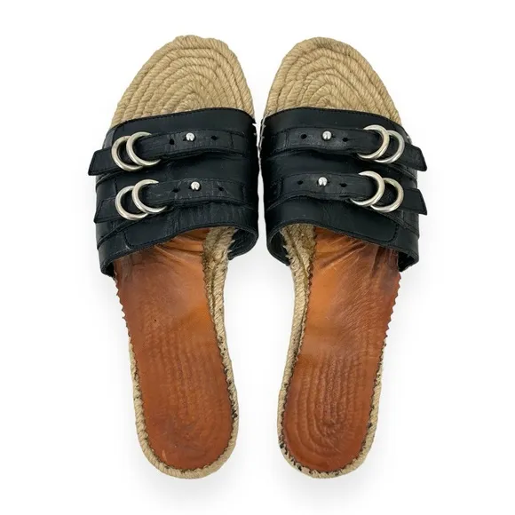 Rag &amp; Bone Black “Jules” Leather Buckle Detail Flat Slide Espadrille Sandals sz8