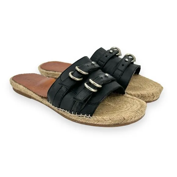 Rag &amp; Bone Black “Jules” Leather Buckle Detail Flat Slide Espadrille Sandals sz8
