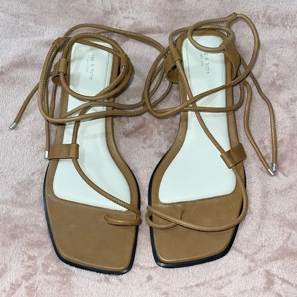 Rag &amp; Bone Cindy Tie Square Open Toe Wrap Sandals in Tan Sz. 38 Sz. 8