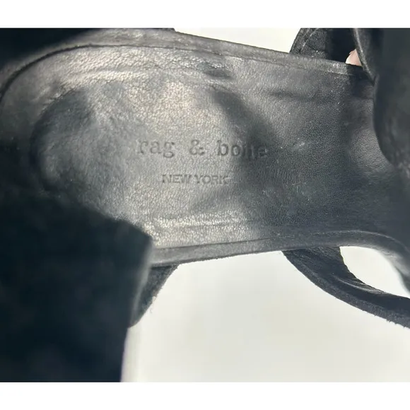 RAG &amp; BONE Matteo Cut Out T-Strap Distressed Waxed Suede Sandals Black 36.5/6.5