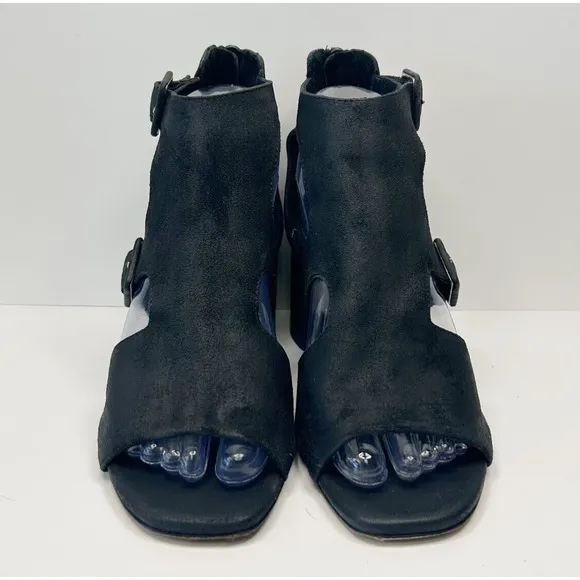 RAG &amp; BONE Matteo Cut Out T-Strap Distressed Waxed Suede Sandals Black 36.5/6.5