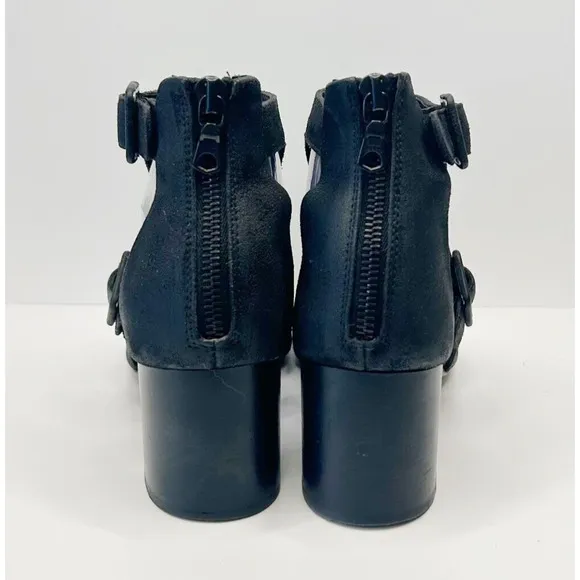 RAG &amp; BONE Matteo Cut Out T-Strap Distressed Waxed Suede Sandals Black 36.5/6.5