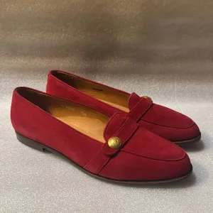 Ralph Lauren Loafers 7.5 B Red Leather Suede Flat Shoe Womens Gold Button 40516