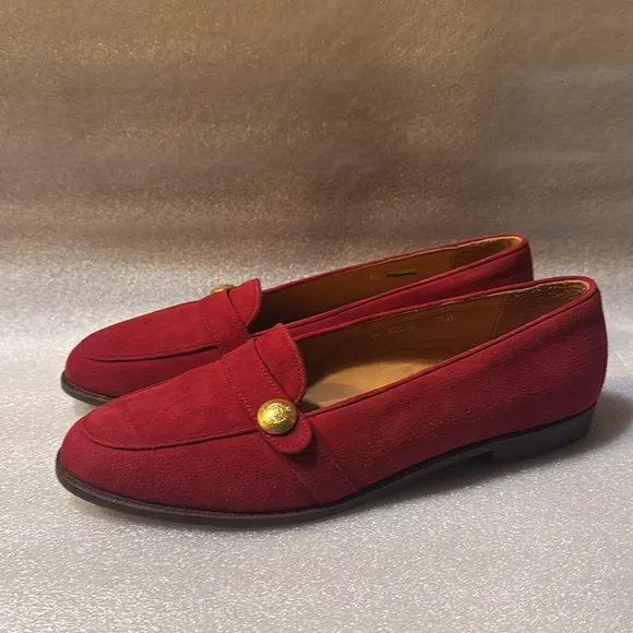 Ralph Lauren Loafers 7.5 B Red Leather Suede Flat Shoe Womens Gold Button 40516