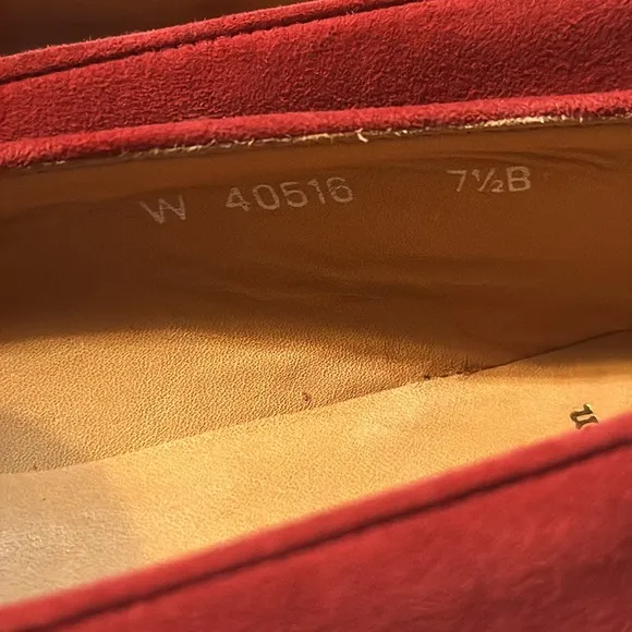 Ralph Lauren Loafers 7.5 B Red Leather Suede Flat Shoe Womens Gold Button 40516