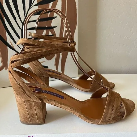 Ralph Lauren Purple Label Suede Leather Block Heel Wrap Sandals Brown Size 38.5
