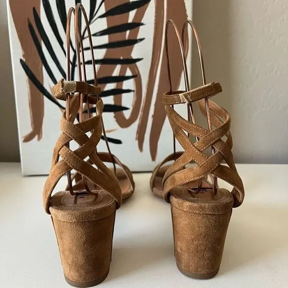 Ralph Lauren Purple Label Suede Leather Block Heel Wrap Sandals Brown Size 38.5