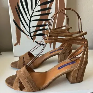 Ralph Lauren Purple Label Suede Leather Block Heel Wrap Sandals Brown Size 38.5