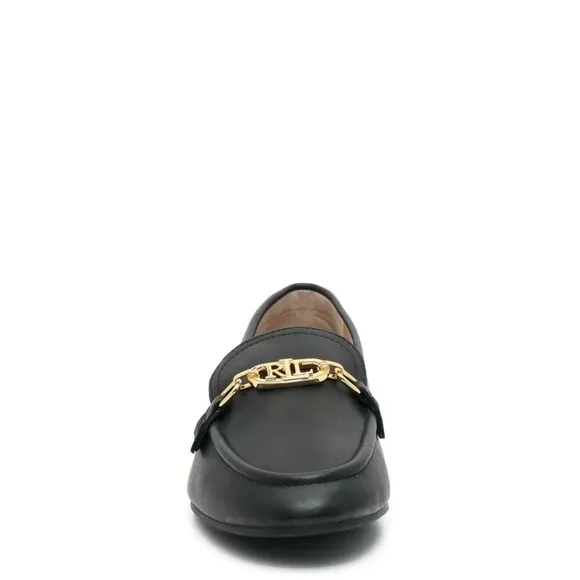 Ralph Lauren Womens Averi Loafer Flats Black Leather And Gold Emblem Detail 10M