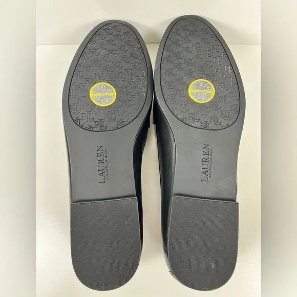 Ralph Lauren Womens Averi Loafer Flats Black Leather And Gold Emblem Detail 10M