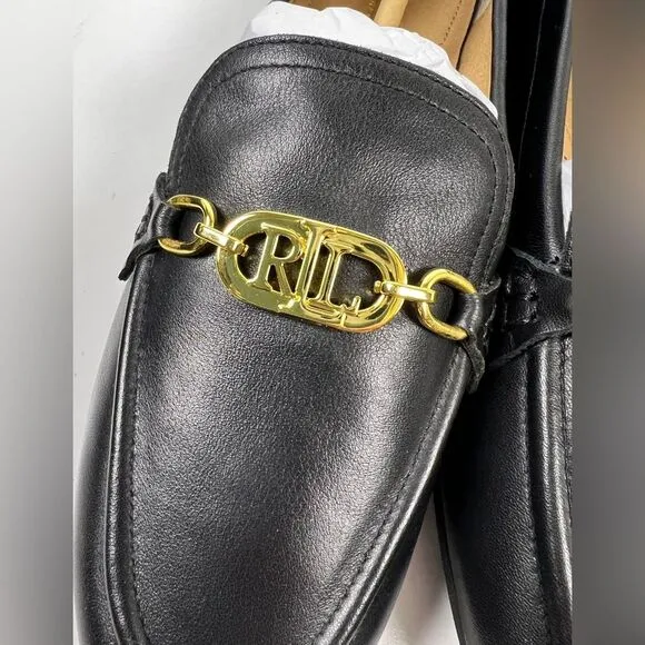 Ralph Lauren Womens Averi Loafer Flats Black Leather And Gold Emblem Detail 10M
