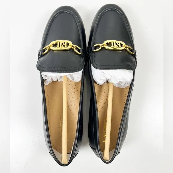Ralph Lauren Womens Averi Loafer Flats Black Leather And Gold Emblem Detail 10M