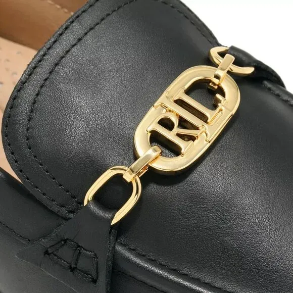 Ralph Lauren Womens Averi Loafer Flats Black Leather And Gold Emblem Detail 10M